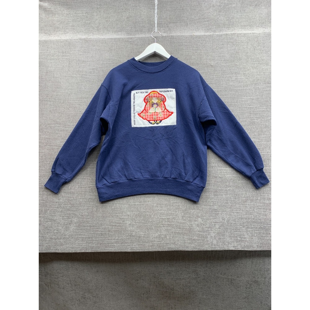 Cheek-O Sweatshirt Womens PM Navy Blue Long Doll Applique Fleece Lined Crew Neck